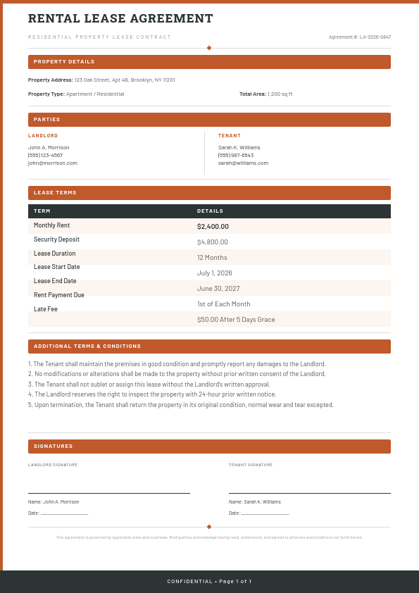 Rental Lease Agreement with Terracotta Section Headers