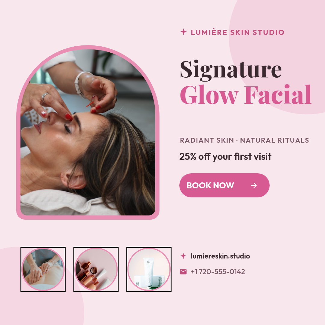 Blush-Pink Glow Facial Spa Promo — Arched Photo, Playfair Accent Word, Pink Book-Now Pill & Photo Trio