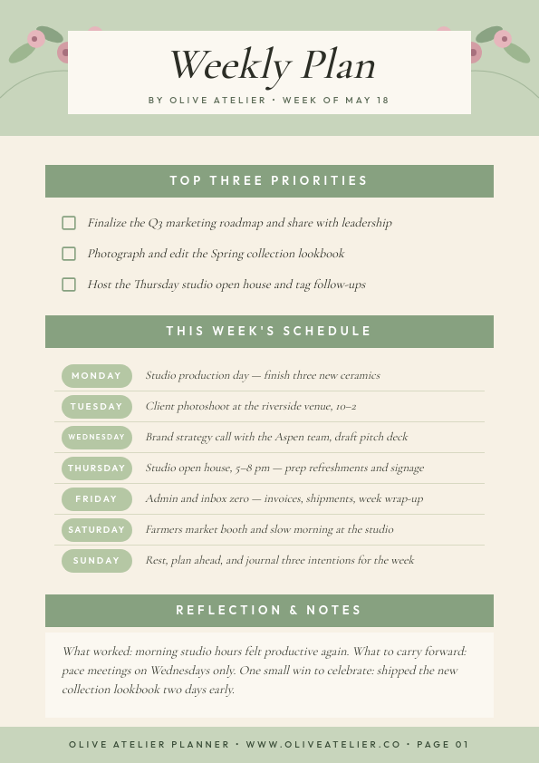 Sage Green Editorial Watercolor Floral Weekly Plan A4 Document with Cormorant Garamond Italic Display Title, Sage Section Bars, Three Priority Checkboxes, Seven Day Schedule Rows and Reflection Notes Block