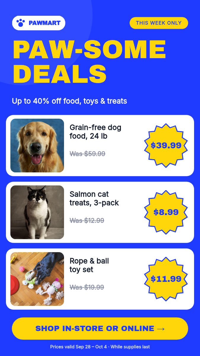 Animated Pet Store Deals Video 9:16 — Cobalt & Yellow