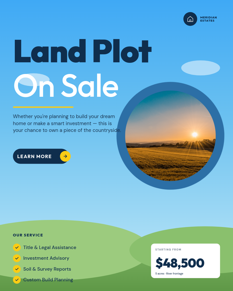 Sky Blue Gradient and Meadow Green Land Plot On Sale Real Estate Instagram 4:5 Post with Outfit Mixed-Weight Display Headline, Teardrop Map Pin Photo, Checkmark Service List and Dark Navy CTA Pill