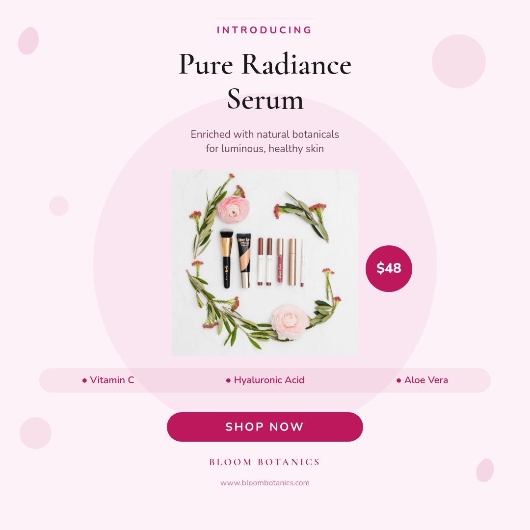 Soft Blush Skincare Product Spotlight with Botanical Ingredient Callouts and Rose CTA