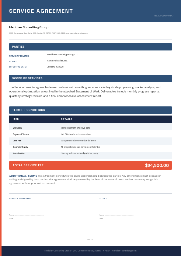 Professional Service Agreement with Structured Terms Table