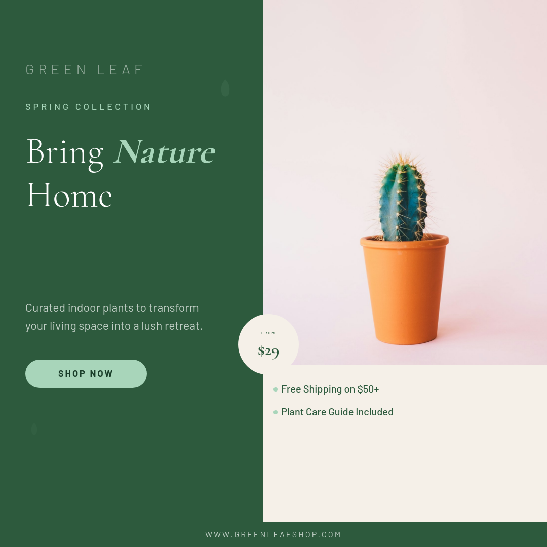Botanical Green Plant Shop Sale with Split Layout and Leaf Accent Shapes