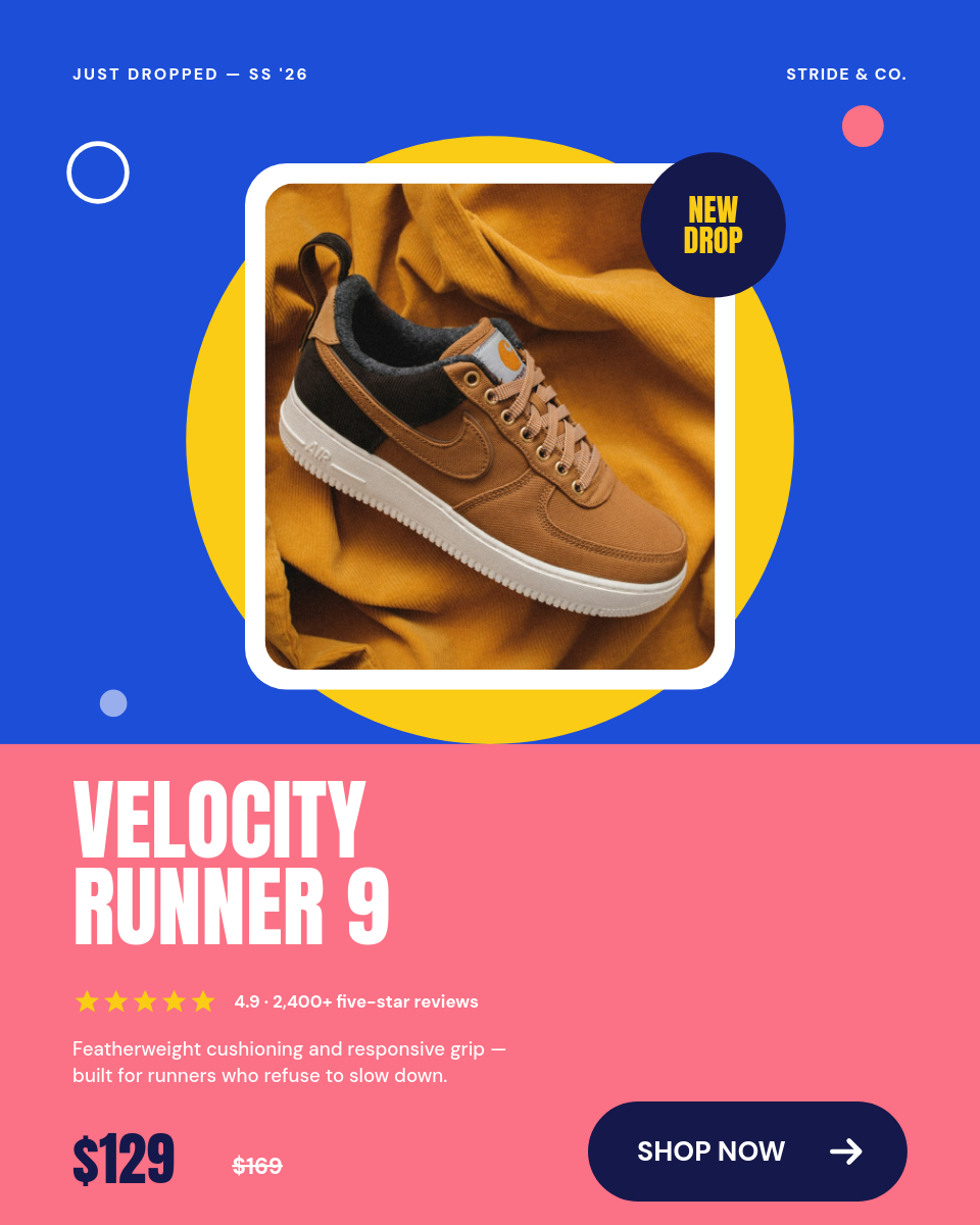 Bold Cobalt & Coral Sneaker Product Card with Shop CTA