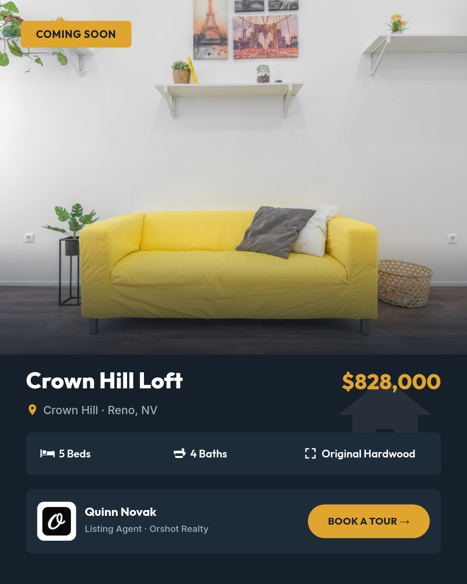 Coming Soon Loft Real-Estate Card — Photo-Forward, Dark Ink Bands, Amber Accent & Agent Footer