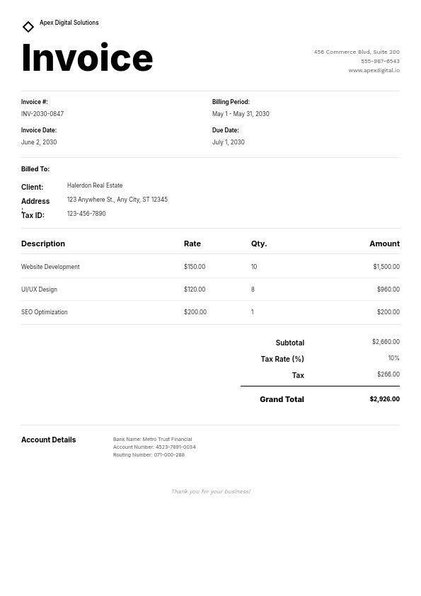 Clean Minimalist Invoice with Giant Headline and Thin Rule Dividers