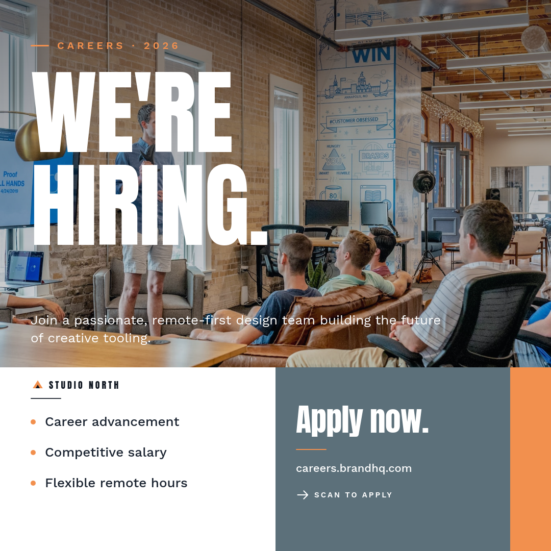 Slate Blue We're Hiring Instagram Recruitment Ad with Giant Anton Stacked Headline, Team Photo and Orange CTA Accent