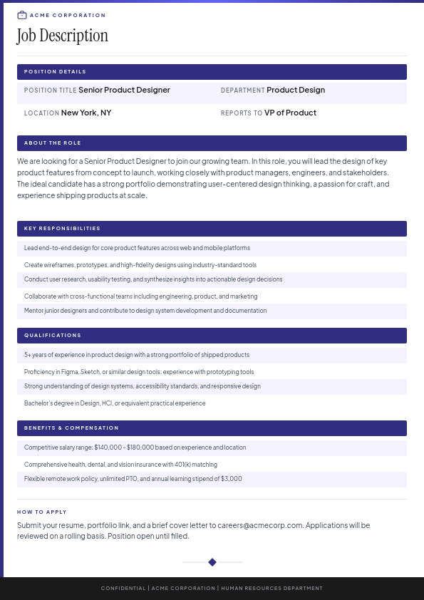 Professional Job Description with Indigo Section Headers and Structured Details Grid