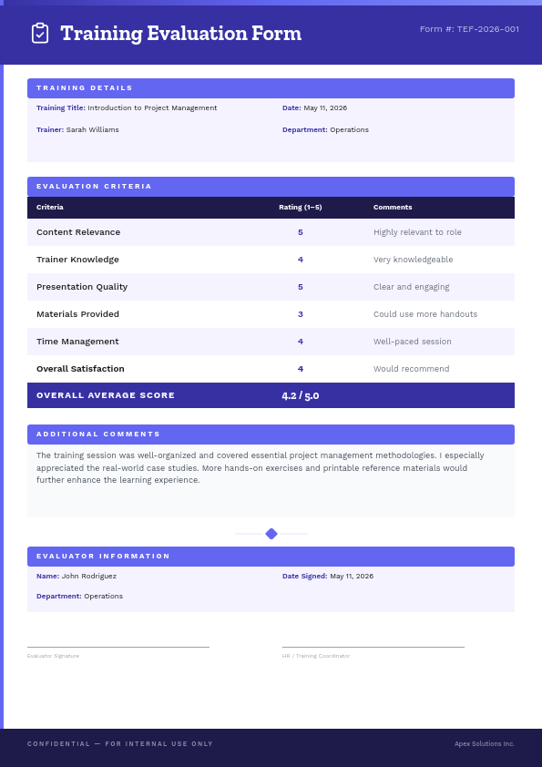 Professional Indigo Training Evaluation Form with Rating Criteria Table and Comments Section