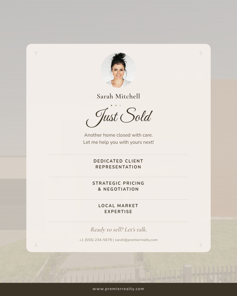 Elegant Cream Just Sold Agent Services Card with Script Headline and Value Props
