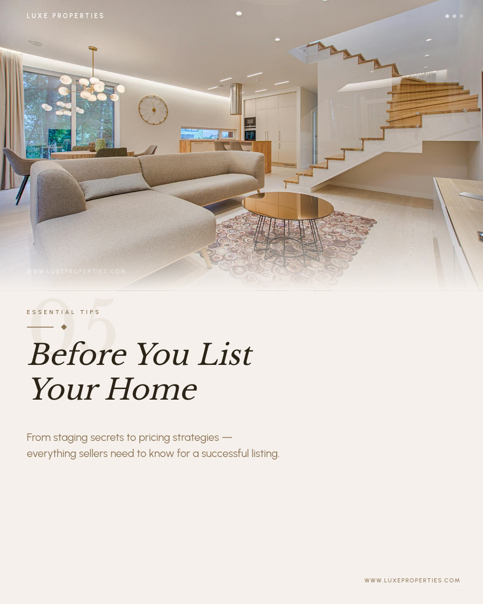 Clean Editorial Property Selling Tips with Giant Serif Number and Split Interior Photo
