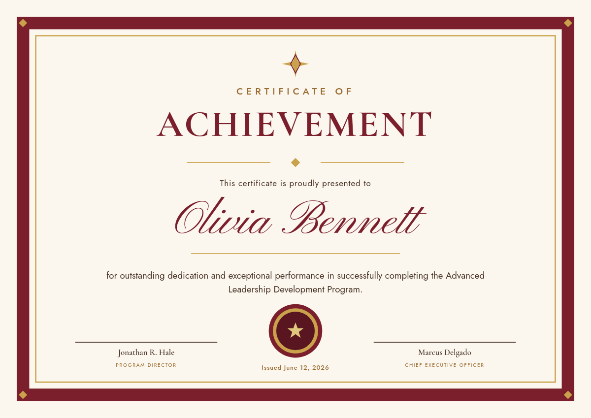 Elegant Burgundy & Gold Certificate of Achievement