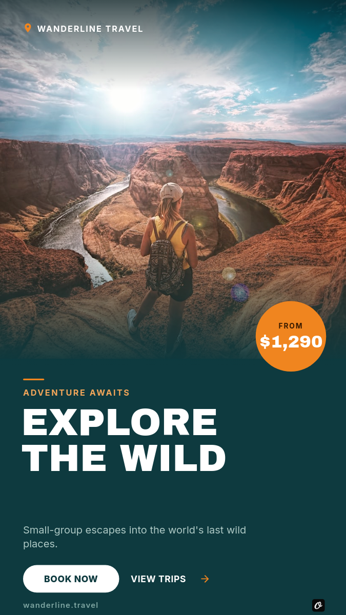 Deep-Teal Adventure Travel Story — Archivo Black Headline, Canyon Hero Photo & Orange From-Price Coin
