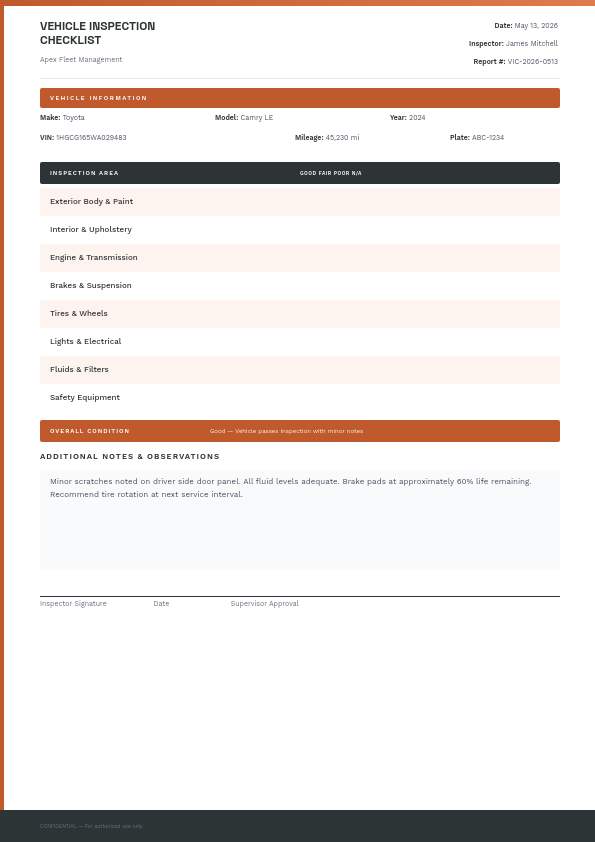 Professional Vehicle Inspection Checklist with Rust Orange Headers and 8-Area Rating Table