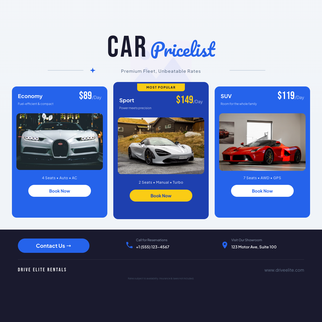 Azure Blue Car Rental Pricing Grid with Three Vehicle Cards and Contact Bar