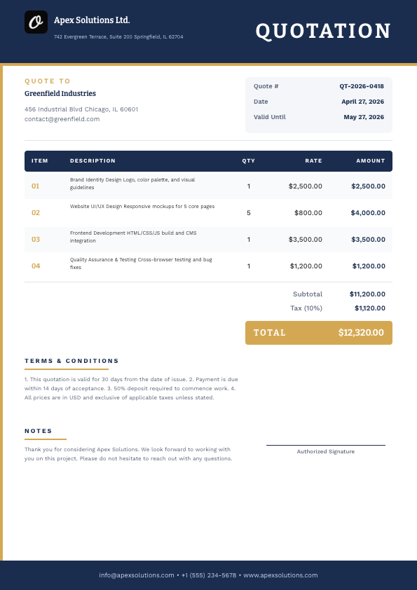 Professional Business Quotation — Navy & Amber Structured