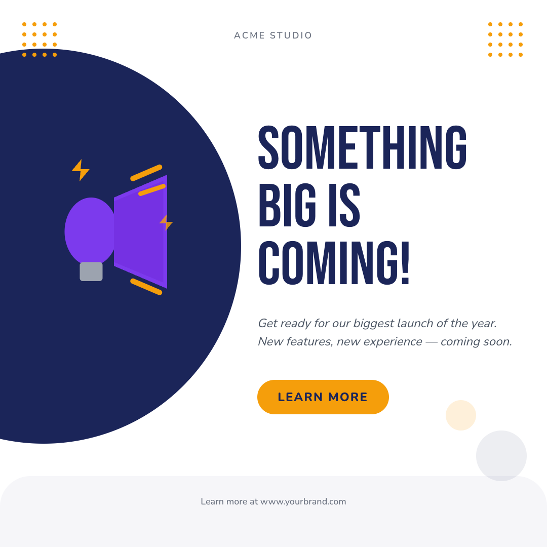 Bold Navy Product Launch Countdown with Megaphone Illustration and Dot Grid Accents
