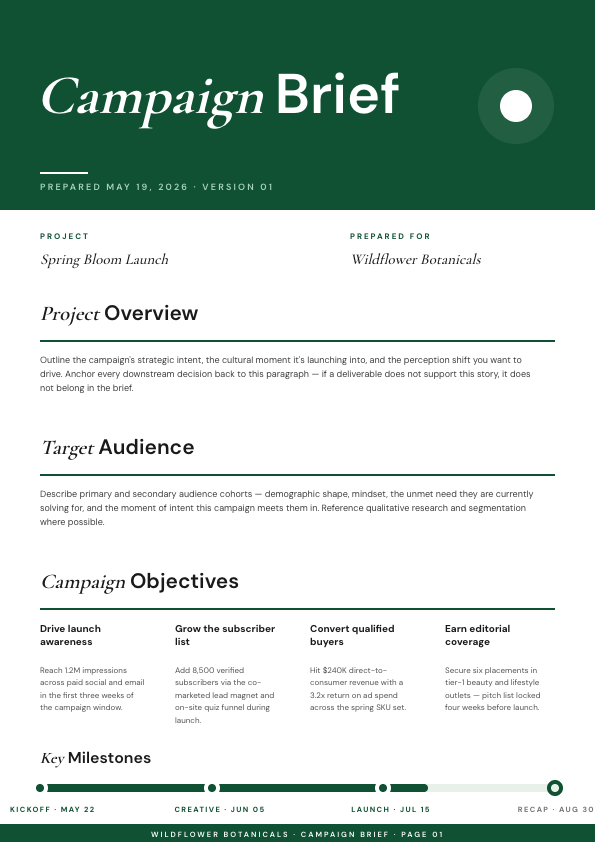 Forest Emerald Marketing Campaign Brief A4 Document with Cormorant Italic and DM Sans Mixed Title, Four-Column Objectives Grid, Italic Section Headings on Emerald Rules and Timeline Progress Bar Footer