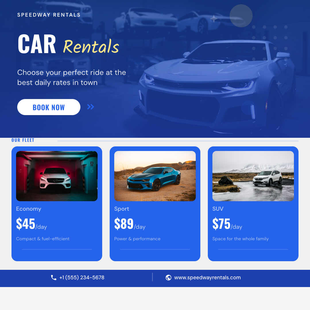 Car Rental Daily Rates with 3 Vehicle Cards on Blue Accent