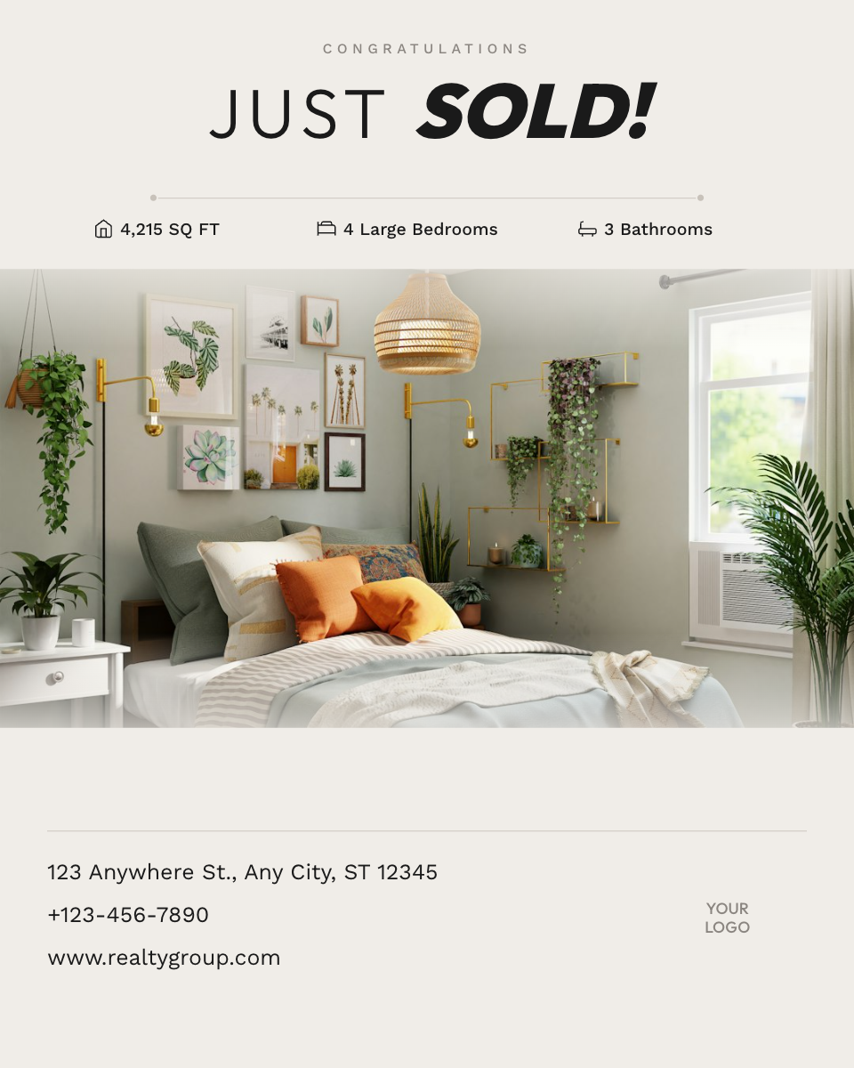 Clean Beige Just Sold Property Post with Faded Hero Photo and Specs Row