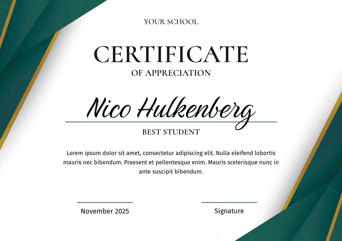 Golden Emerald Green Certificate of Appreciation