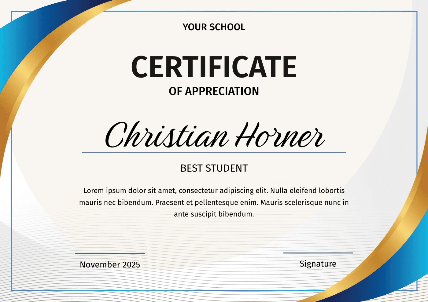Golden Blue Abstract Certificate of Appreciation